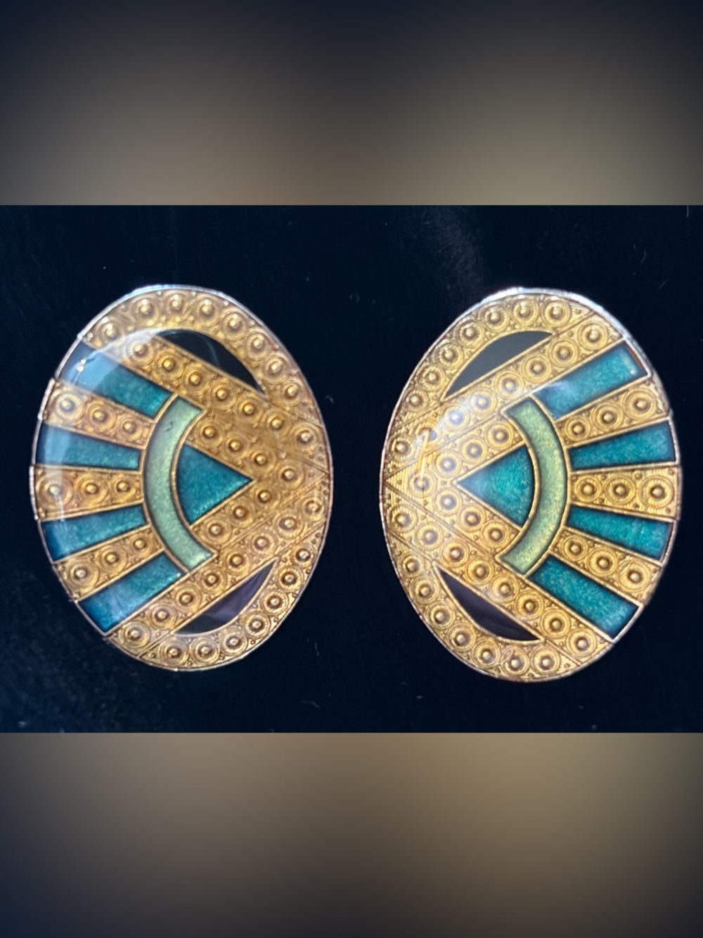 ✨Elegant Green & Gold Vintage Art Deco Revival Statement Earrings 80s